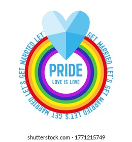 Hochzeitsring mit Diamant für LGBT. Lasst uns heiraten. Tag des Weltstolzes, Stolz Monat. Regenbogen. Vektorfarbige Illustration auf weißem Hintergrund. Für Karten, Poster, Blogs, Drucke, T-Shirts, Websites. 