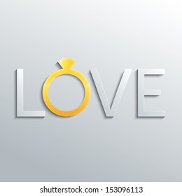 Wedding ring with diamond. Love text. Vector illustration.