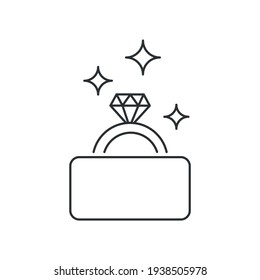 Wedding ring with a diamond in small box linear icon. Man and woman' engagement ceremony concept. Thin line customizable illustration. Contour symbol. Vector isolated outline drawing. Editable stroke