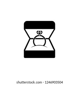 Wedding ring in gift box icon black on white background. Ring with diamond as a symbol of love, a sign of a marriage proposal. Jewelry isolated. Vector illustration flat design.