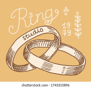  Wedding ring in a gift box label. Women's jewelry shop badge. Luxury accessories, ladies fashion. Vintage Retro typography or signboard. Drawn engraved sketch.