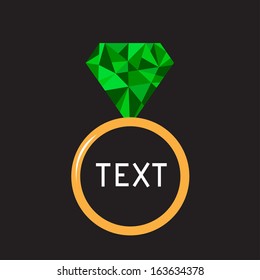 Wedding ring with green diamond. Polygonal effect. Vector illustration. Card