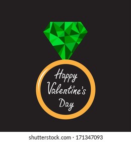 Wedding ring with green diamond. Polygonal effect. Happy Valentines Day card. Vector illustration. 
