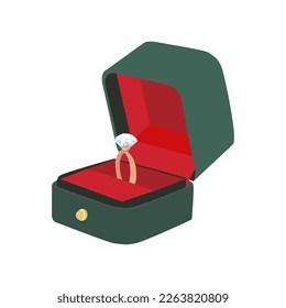 Wedding ring in the green velvet gift box. Engagement golden ring with large shiny diamond. Love, proposal, wedding, valentine s day concept. Vector illustration