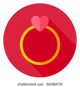 Wedding Ring with Heart Circle Icon. Flat Design Vector Illustration with Long Shadow. Happy Valentine Day and Love Symbol.