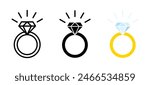 Wedding ring icon. Jewelry logo. Engagement diamond ring icon. Proposal symbol. Brilliant gold jewellery vector illustration isolated.