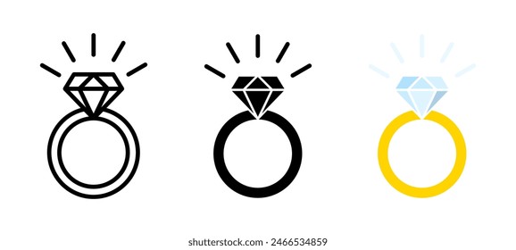 Wedding ring icon. Jewelry logo. Engagement diamond ring icon. Proposal symbol. Brilliant gold jewellery vector illustration isolated.