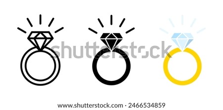 Wedding ring icon. Jewelry logo. Engagement diamond ring icon. Proposal symbol. Brilliant gold jewellery vector illustration isolated.