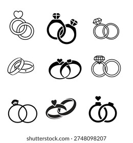 Wedding ring icon set representing love marriage engagement romance and relationship celebration symbols.