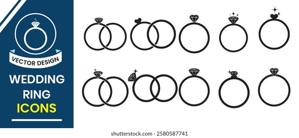 Wedding ring icon, vector illustration on white background. Wedding ring symbol line art drawing. Line art vector illustration pair of a wedding ring, Engagement ring. Vector illustration