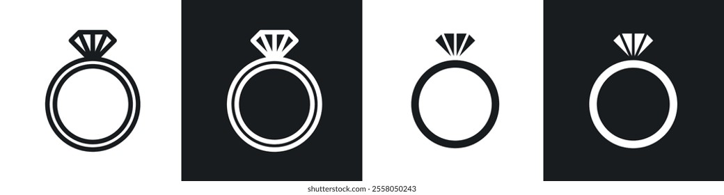 Wedding ring icons pack in black and white filled and outlined versions.