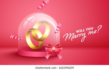 Wedding Ring Inside a Glass Ball with Bow Ribbon and Will You Marry Me ? Text on Glossy Red Background for Proposal Concept.