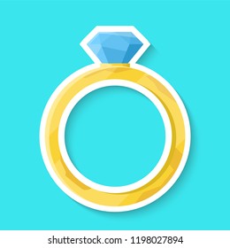 Wedding ring isolated on a blue background. Golden ring with shiny diamond. Realistic sticker. Simple cute design. Icon or logo. Flat style vector illustration.