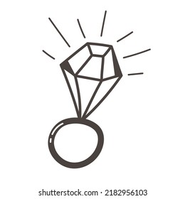 Hochzeitsring mit einem großen Diamanten auf weißem Hintergrund. Schwarz-Weiß-Bild für Design. Einzige Vektorgrafik im Stil von Doodle. Schmuck aus Edelsteinen.