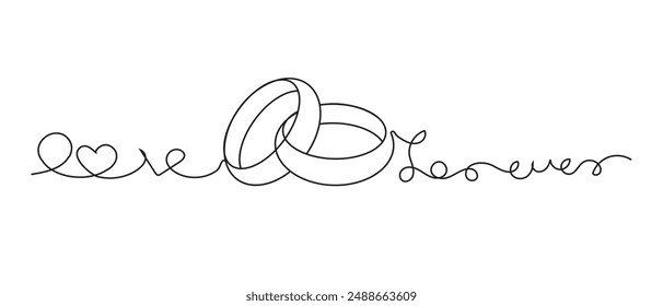 Wedding ring line art drawing symbol.  One line art of wedding ring with  love for ever on white back ground. Symbol of marriage. . Hand drawn vector illustration.
