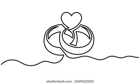 Wedding ring line art drawing symbol. One line art of wedding ring pair with love for ever on white back ground, Continuous hand drawn romantic. Engagement ring symbol of couple in love.