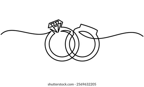 Wedding ring line art drawing symbol. One line art of wedding ring pair with love for ever on white back ground, Continuous hand drawn romantic. Engagement ring symbol of couple in love.
