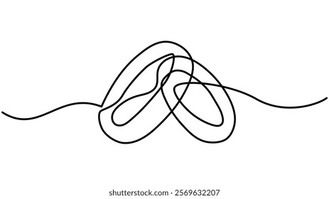 Wedding ring line art drawing symbol. One line art of wedding ring pair with love for ever on white back ground, Continuous hand drawn romantic. Engagement ring symbol of couple in love.