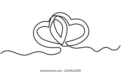 Wedding ring line art drawing symbol. One line art of wedding ring pair with love for ever on white back ground, Continuous hand drawn romantic. Engagement ring symbol of couple in love.