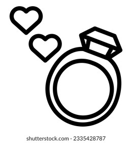 Wedding ring line icon. Ring with gemstone vector illustration isolated on white. Jewelry with hearts outline style design, designed for web and app. Eps 10