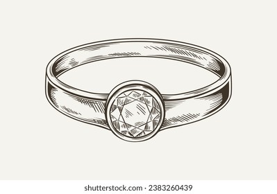 Wedding ring minimalistic sketch. Jewelry and accessory for marriage ceremony. Ring with diamond. Poster or banner. Linear flat vector illustration isolated on beige background