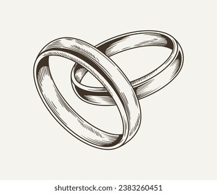 Wedding ring minimalistic sketch. Jewelry and accessory for marriage ceremony. Passion and romance. Sticker for social networks. Linear flat vector illustration isolated on beige background