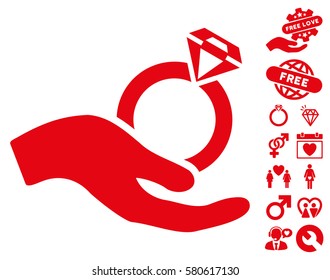 Wedding Ring Offer Hand icon with bonus decoration graphic icons. Vector illustration style is flat iconic red symbols on white background.