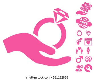 Wedding Ring Offer Hand icon with bonus love graphic icons. Vector illustration style is flat iconic pink symbols on white background.