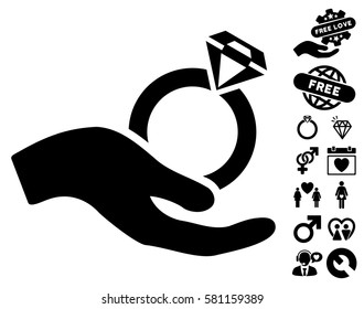 Wedding Ring Offer Hand icon with bonus valentine icon set. Vector illustration style is flat iconic black symbols on white background.