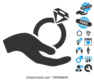Wedding Ring Offer Hand icon with bonus decorative graphic icons. Vector illustration style is flat iconic blue and gray symbols on white background.