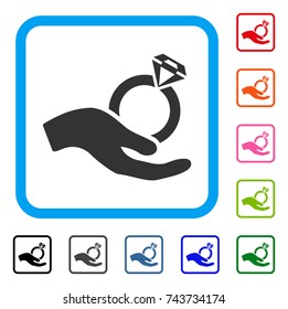 Wedding Ring Offer Hand icon. Flat grey pictogram symbol inside a blue rounded squared frame. Black, gray, green, blue, red, orange color additional versions of Wedding Ring Offer Hand vector.