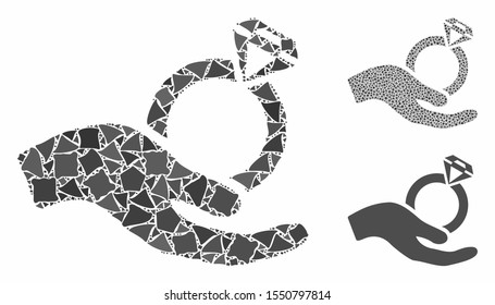 Wedding ring offer hand mosaic of tremulant items in different sizes and color tones, based on wedding ring offer hand icon. Vector tremulant items are combined into collage.