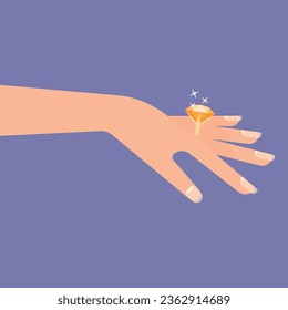 Hochzeitsring auf der Hand von anmutigen Frauen.  Heiratsvorschlag und Hochzeitskonzept. Schöner Ring mit einem großen leuchtenden Diamanten. Flache Vektorgrafik.
