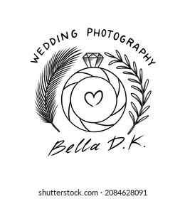 Wedding ring Photographer badge or logo. Template for studio or store or shop. Hand drawn sketch for postcard, banner in simple minimalistic style. 