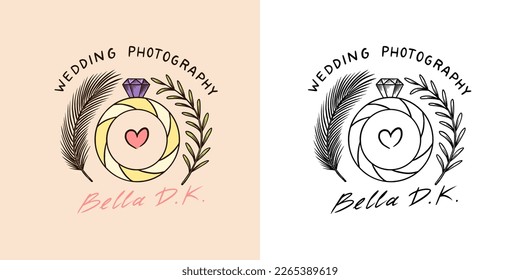 Wedding ring Photographer badge or logo. Template for studio or store or shop. Hand drawn sketch for postcard, banner in simple minimalistic style. 