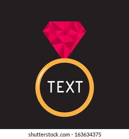 Wedding ring with pink diamond. Polygonal effect. Vector illustration. Card