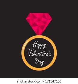 Wedding ring with pink diamond. Polygonal effect. Happy Valentines Day card. Vector illustration. 