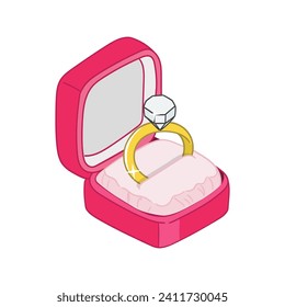 Wedding ring in the pink gift box. Proposal marriage cartoon style. Wedding ring and diamond vector illustration