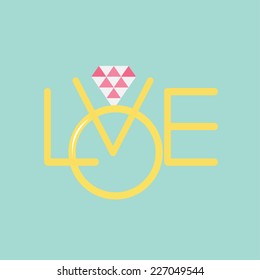 Wedding ring with polygonal pink diamond. Gold word love Flat design Vector illustration