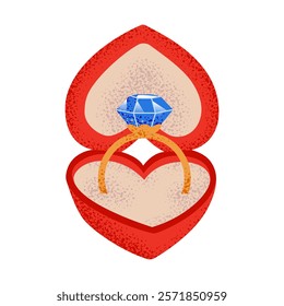 Wedding ring in the red heart shaped box. Engagement ring with diamond. Romantic love symbol. Ring vector illustration for Valentine's day card, wedding invitation, sticker, proposal, social media.