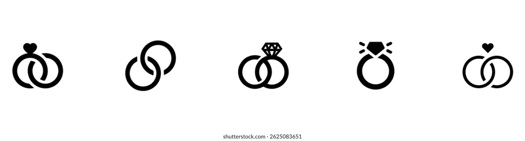 Wedding ring set icon. Silhouette and outline vector illustration isolated on white background. Jewellery and marriage vector image. Gemstone rings. EPS 10
