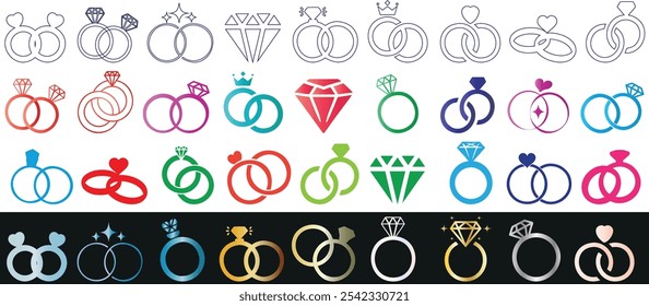 ilustração de vetor de anel de casamento, anéis de engajamento feitos de diamantes e ícones de casamento projetos de vetor para branding, convites, lojas de joias e marketing digital.