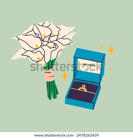 Wedding ring in the velvet gift box, flower bouqet. Engagement golden ring with shiny diamond. Love, proposal, wedding, valentine's day concept. Cartoon style. Hand drawn modern Vector illustration