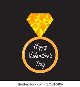 Wedding ring with yellow diamond. Polygonal effect. Happy Valentines Day card. Vector illustration. 
