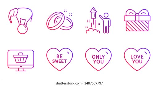 Wedding rings, Be sweet and Fireworks line icons set. Gift, Elephant on ball and Only you signs. Web shop, Love you symbols. Love, Party pyrotechnic. Holidays set. Gradient wedding rings icon. Vector