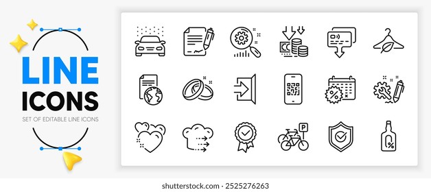 Wedding rings, Bicycle parking and Deflation line icons set for app include Translation service, Heart, Calendar discounts outline thin icon. Tested stamp, Search statistics. Vector