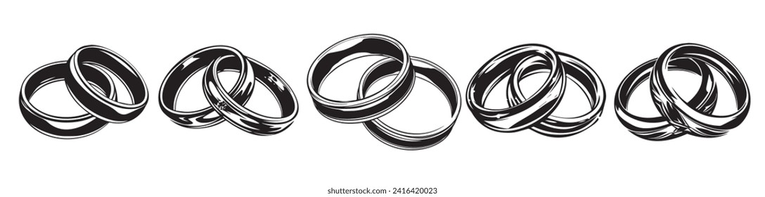 Wedding rings black and white vector set