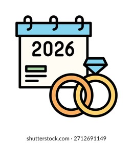 Hochzeit Ringe Kalender 2026 Vektorgrafik gefüllt Stil Symbol