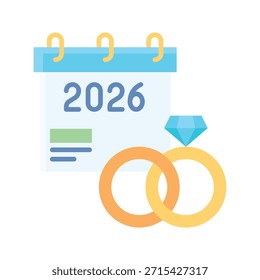 Calendario de los anillos de boda 2026 Ilustración vectorial plana estilo icono