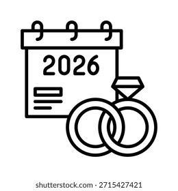 Calendario de los anillos de boda 2026 Ilustración vectorial Line Style Icon